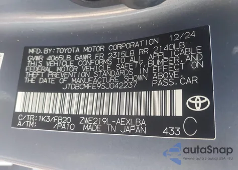 2025 Toyota Corolla Hybrid Le из США, поврежденный, VIN JTDBCMFE9SJ042237